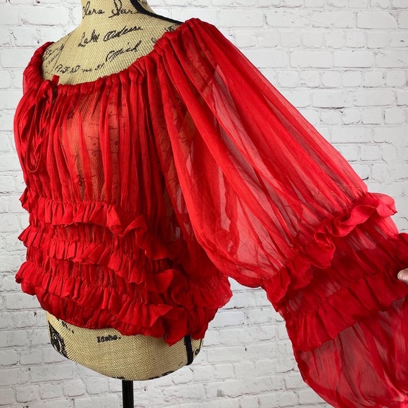 Ciel Semi Sheer Red Ruffle Balloon Sleeve Top - Picture 3 of 3